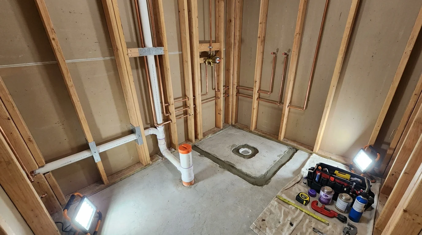 Bathroom rough-in plumbing during remodel by Johns Plumbing LLC in Hana