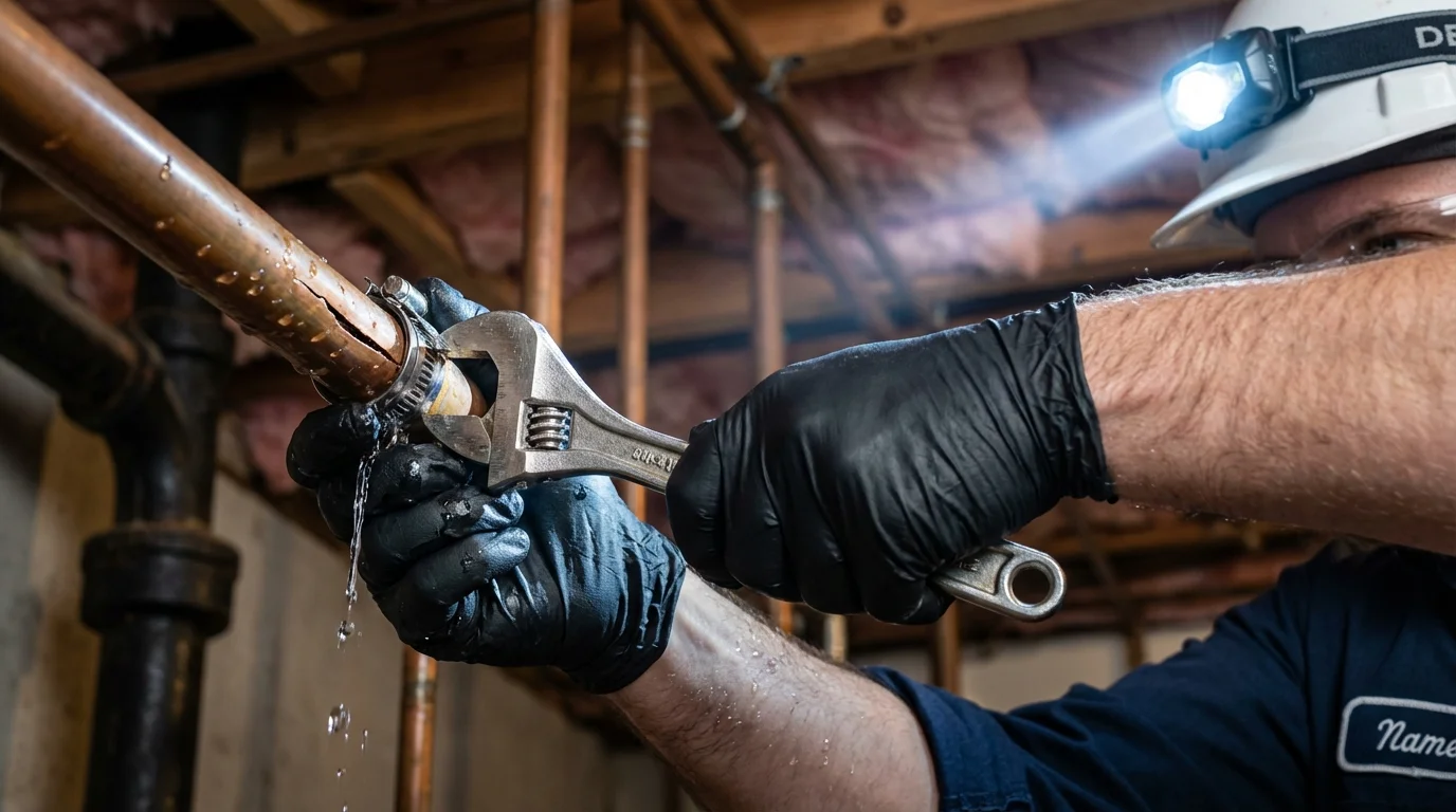 Emergency pipe clamp repair being performed by a Johns Plumbing LLC plumber in Hana