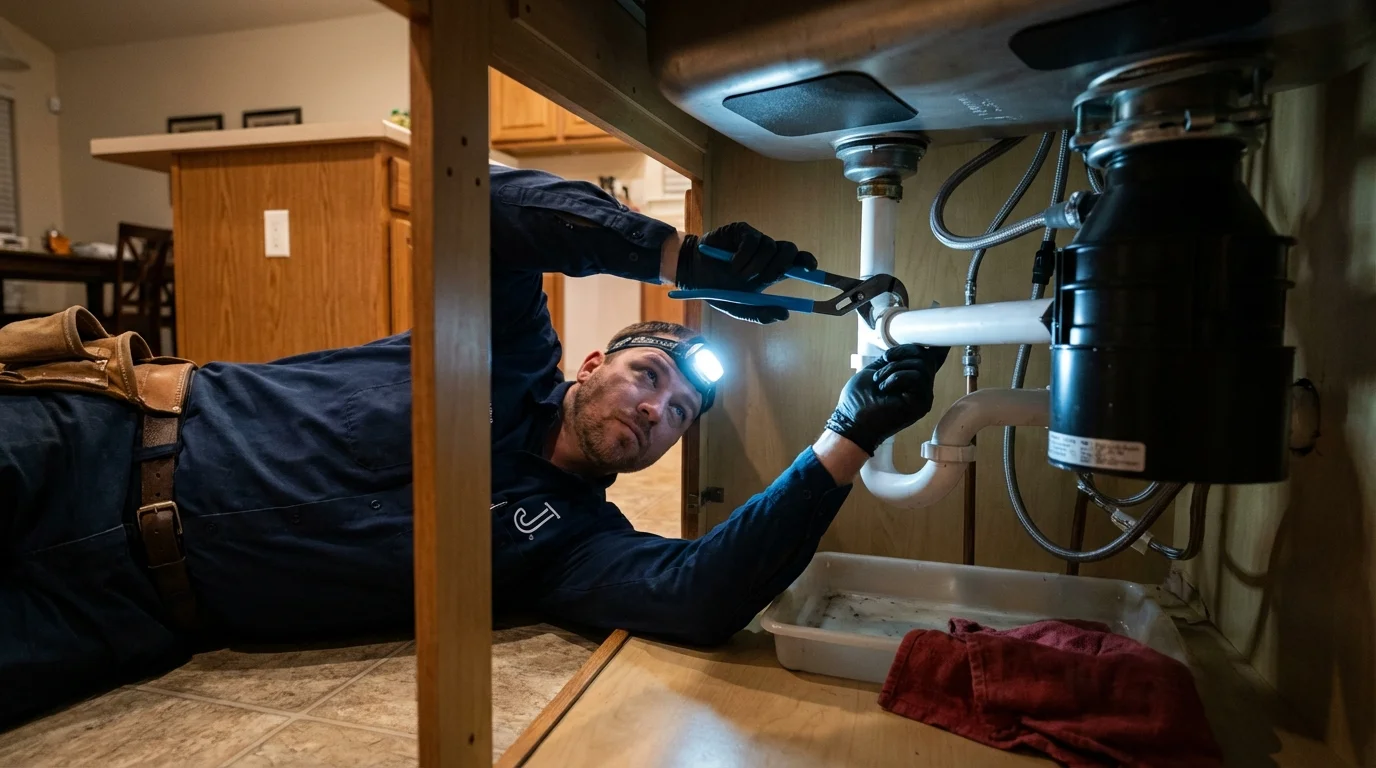 P-trap and supply line connections under a kitchen sink showing a common leak point in Hana, HI